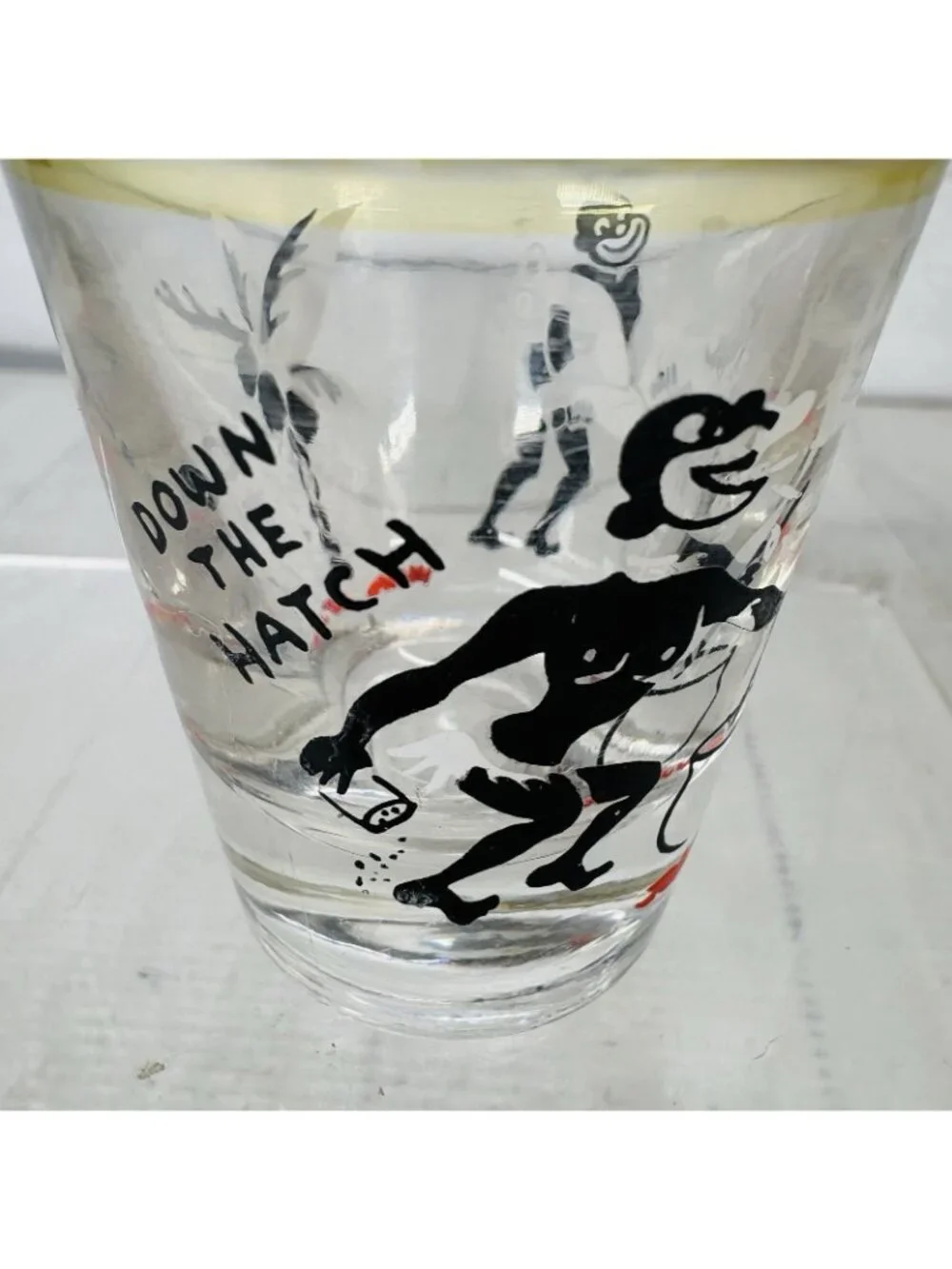 Vintage Risque Federal Glass DOWN THE HATCH Novelty Cartoon Natives Shot Glass